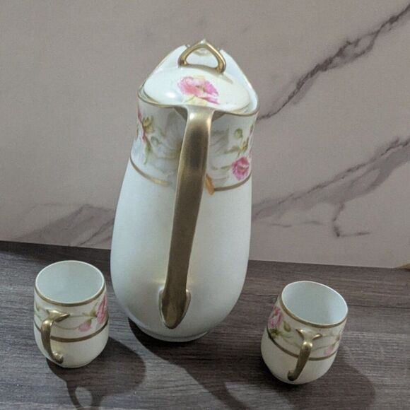 Bavaria Porcelain Coffee Set Pitcher & 2 Cups Floral Gold Trim Antique chocolate - Picture 4 of 8